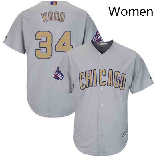 Womens Majestic Chicago Cubs 34 Kerry Wood Authentic Gray 2017 Gold Champion MLB Jersey